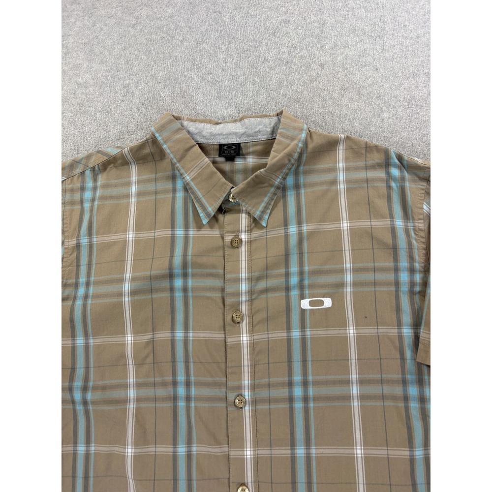 Oakley Plaid Short Sleeve OutDoor Button Down Shirt (Men's XL) Tan - Picture 2 of 9